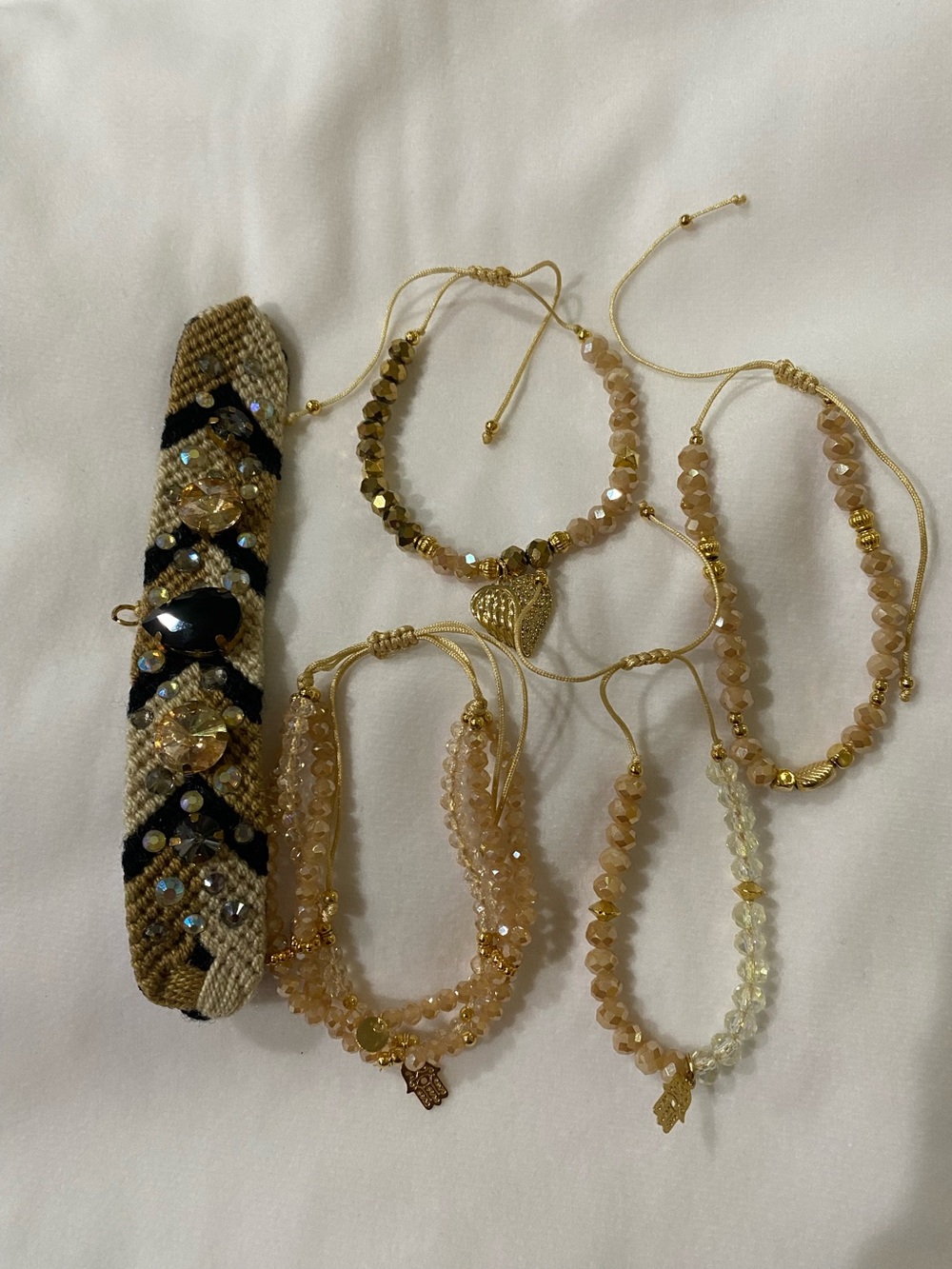 Gold-Tone Beaded Bracelet Set with Heart & Hamsa Charms - Neutral Gold
